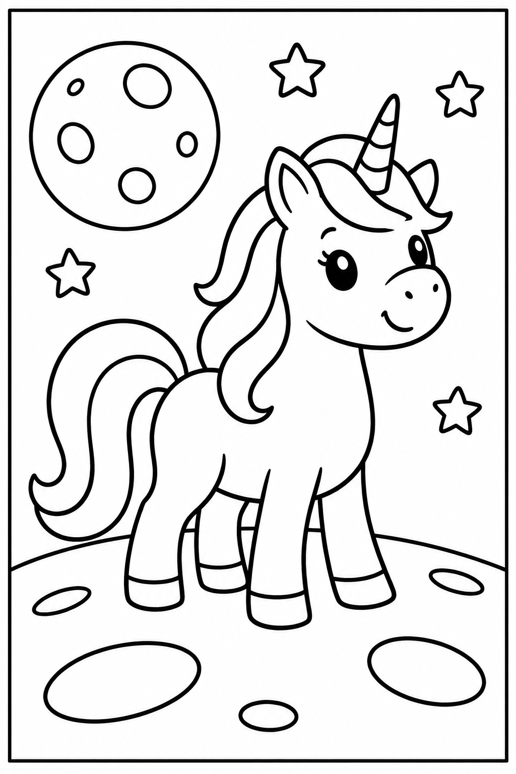 Unicorn on the moon — More details — printable coloring page