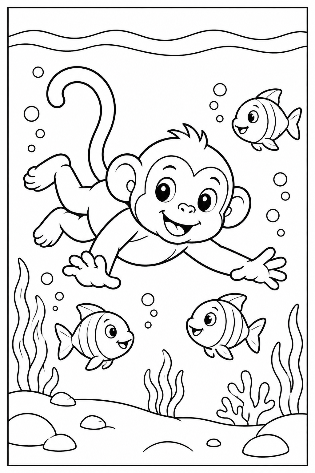 Monkey under the sea — More details — printable coloring page