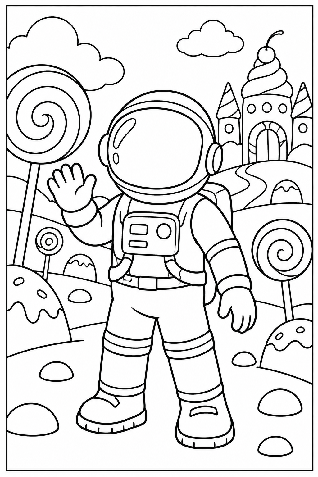 Astronaut in candy land — More details — printable coloring page