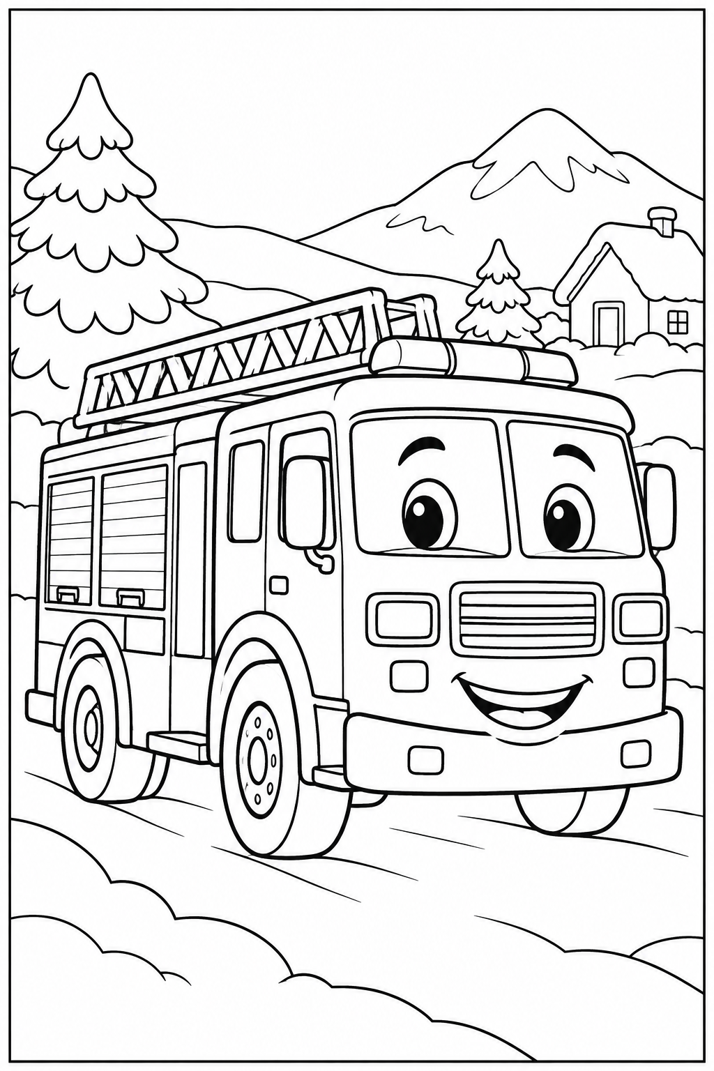 Fire engine in the snow — More details — printable coloring page