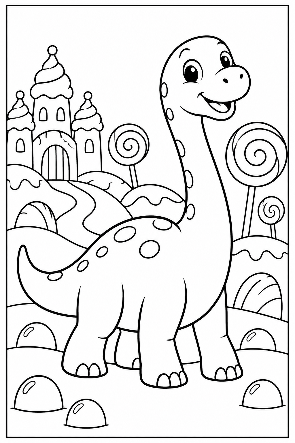 Dinosaur in candy land — More details — printable coloring page