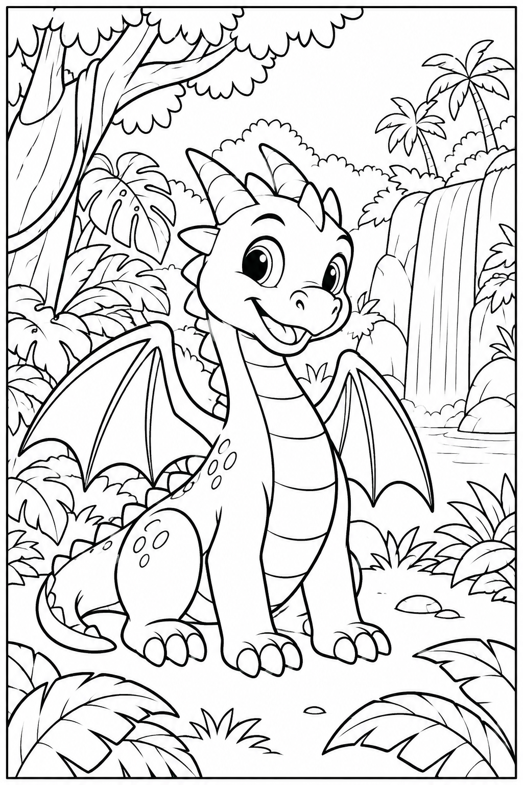 Dragon in the jungle — More details — printable coloring page