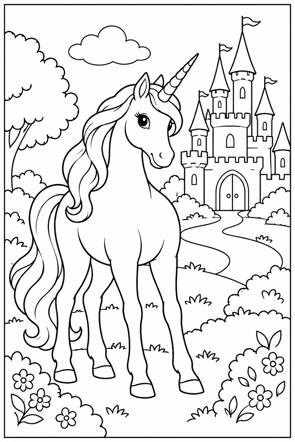 Unicorn by a castle — More details — printable coloring page