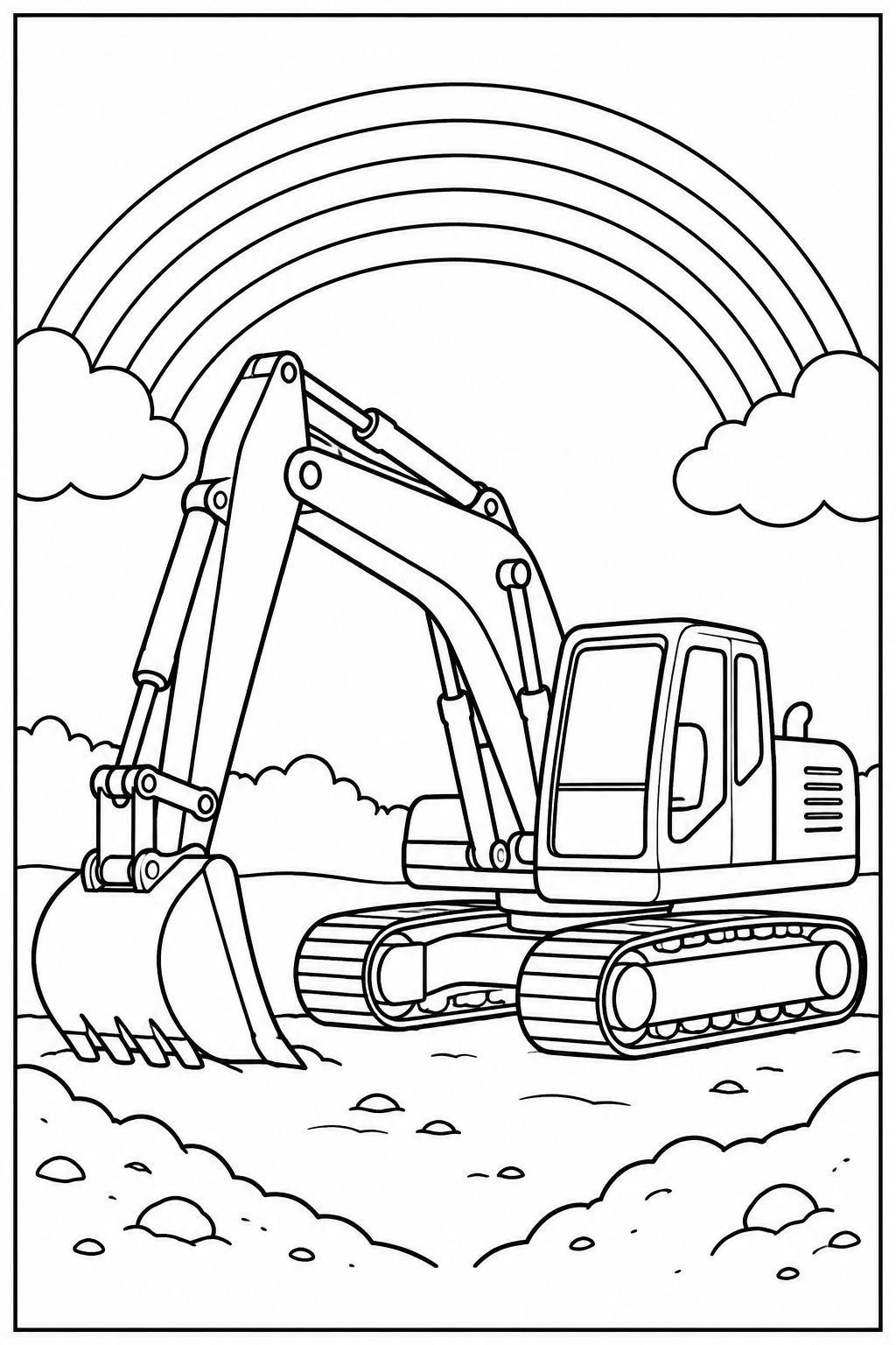 Excavator under a rainbow — More details — printable coloring page