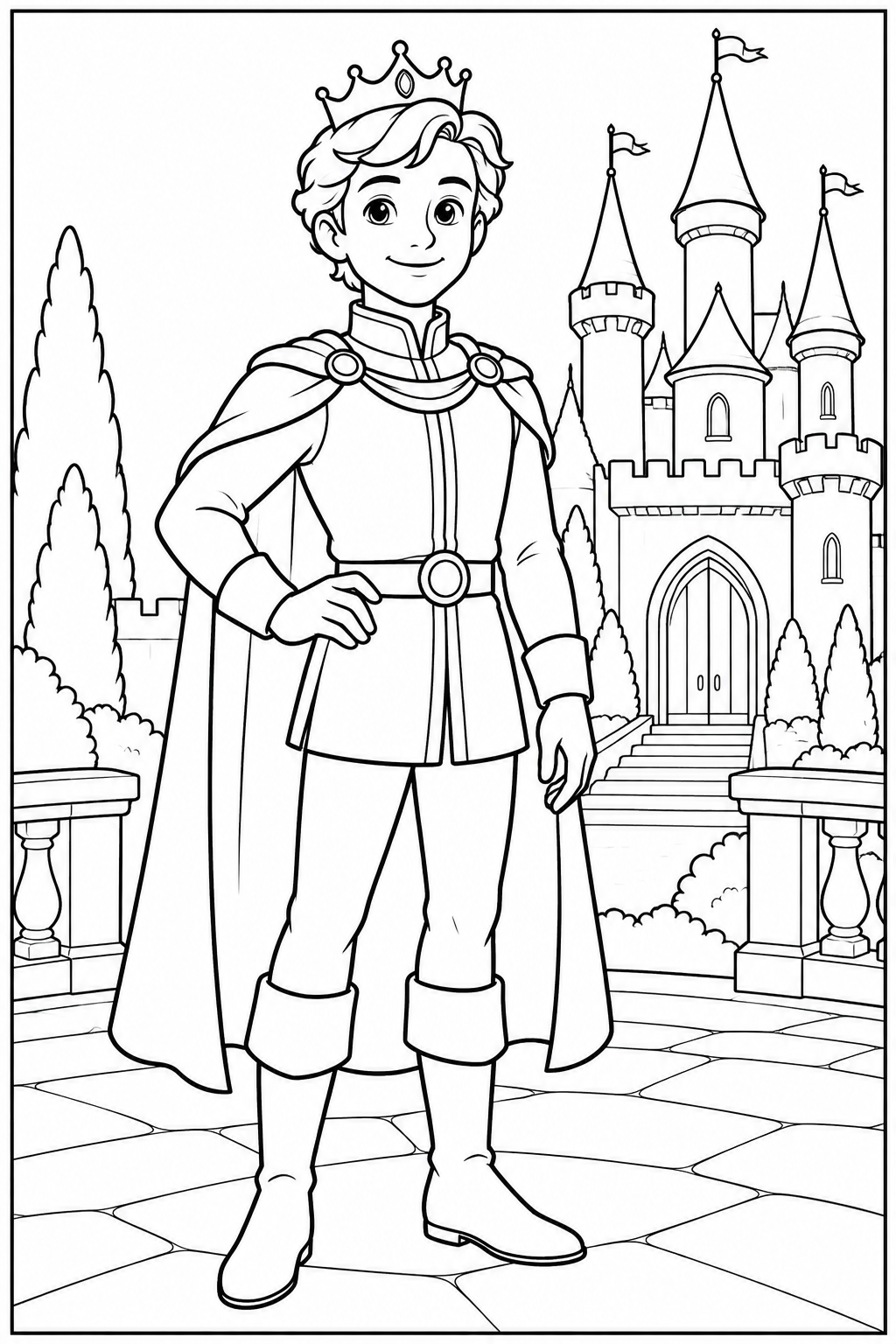 Prince by a castle — More details — printable coloring page