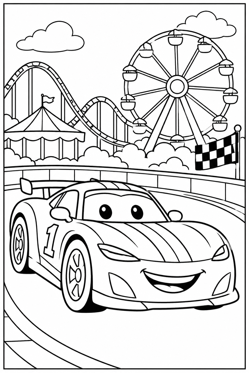 Race car at the amusement park — More details — printable coloring page