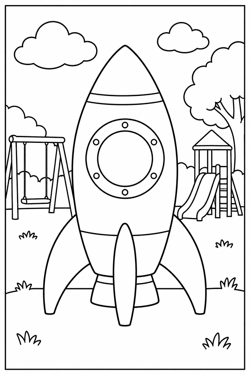 Rocket at the playground — More details — printable coloring page