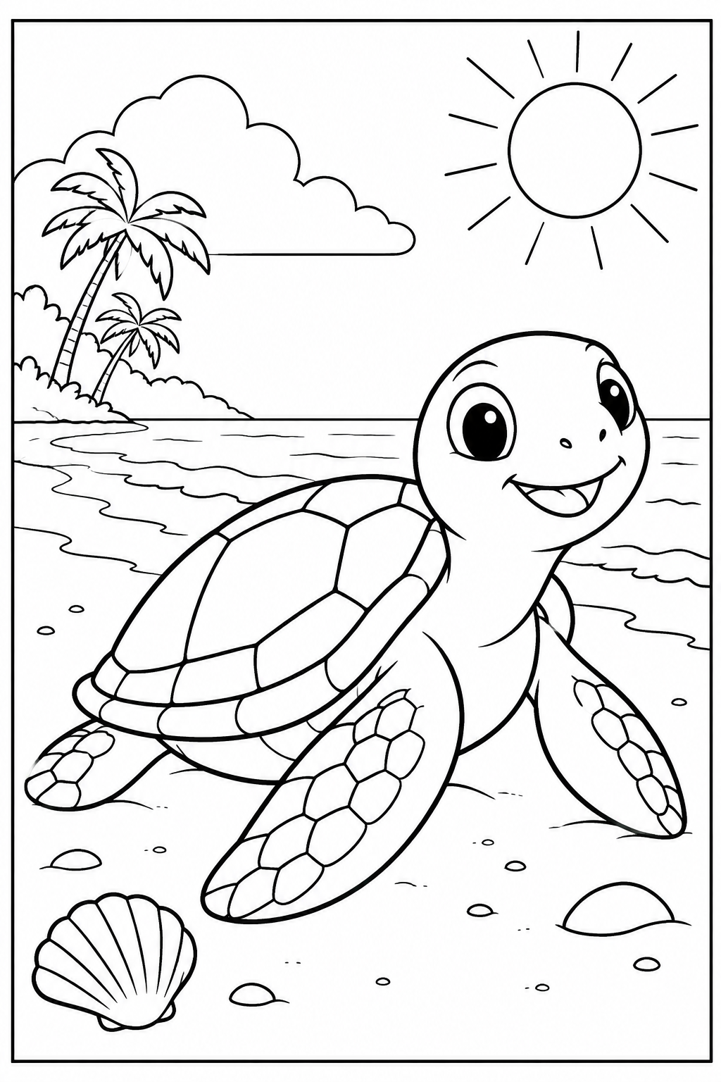 Turtle at the beach — More details — printable coloring page