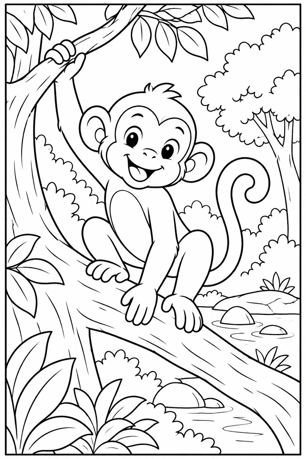 Monkey in the forest — More details — printable coloring page