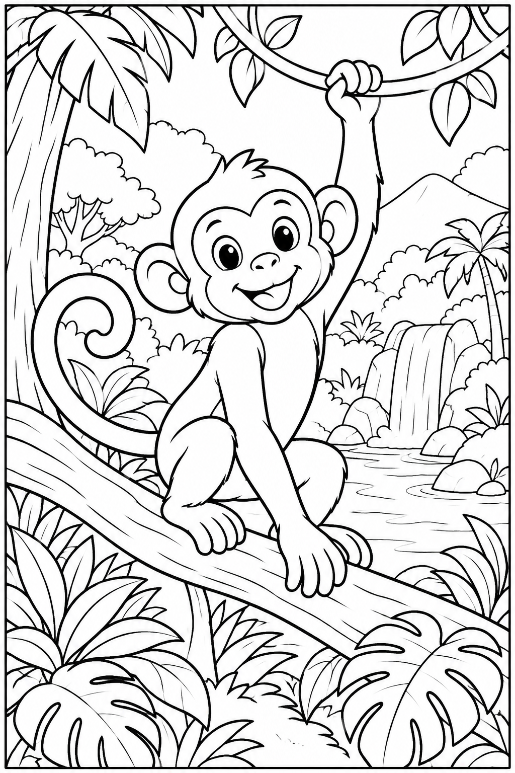 Monkey in the jungle — More details — printable coloring page