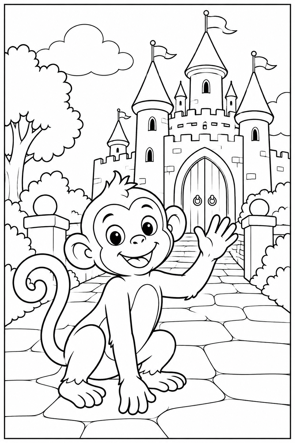 Monkey by a castle — More details — printable coloring page