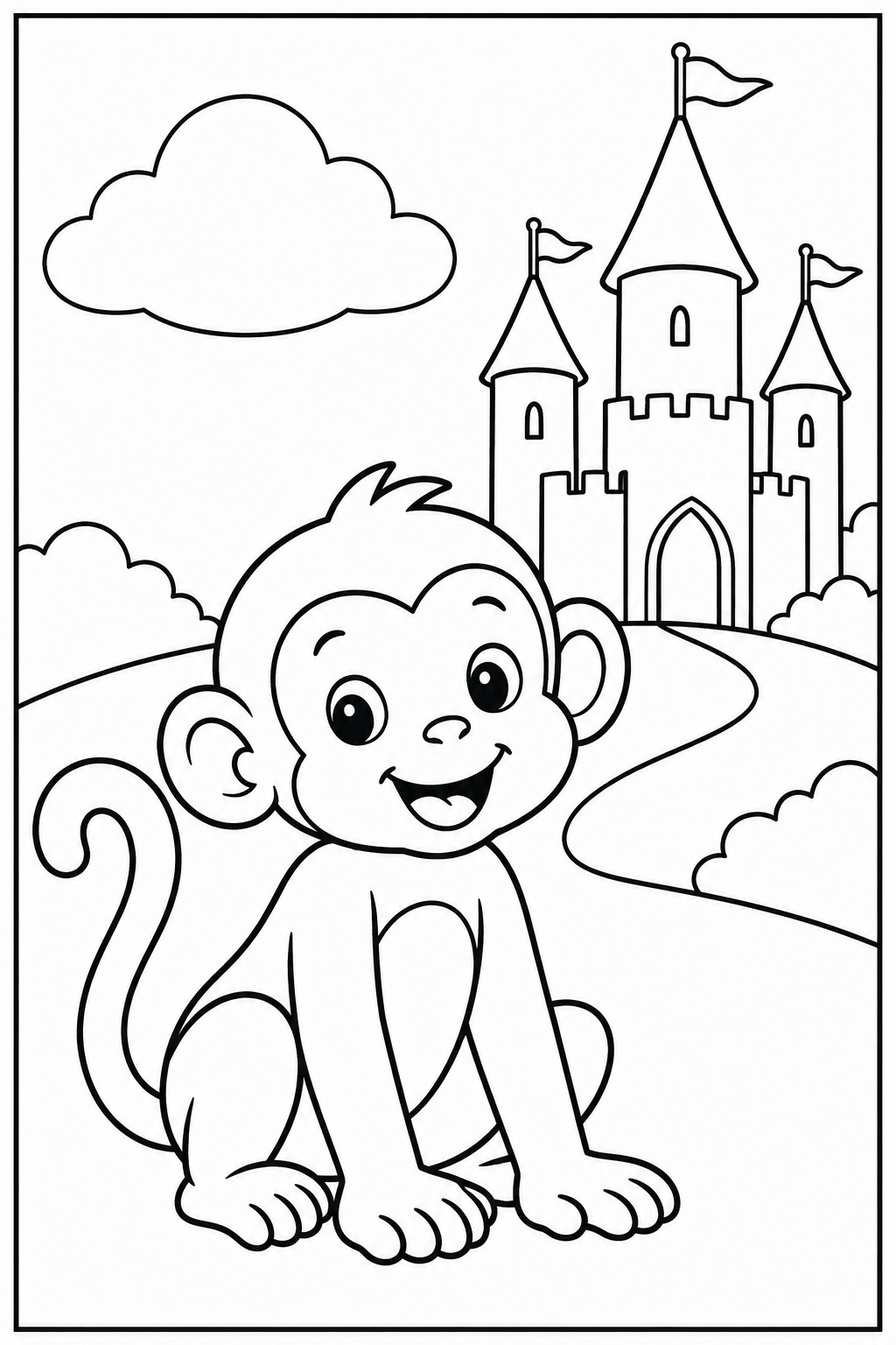 Monkey by a castle — Large shapes — printable coloring page