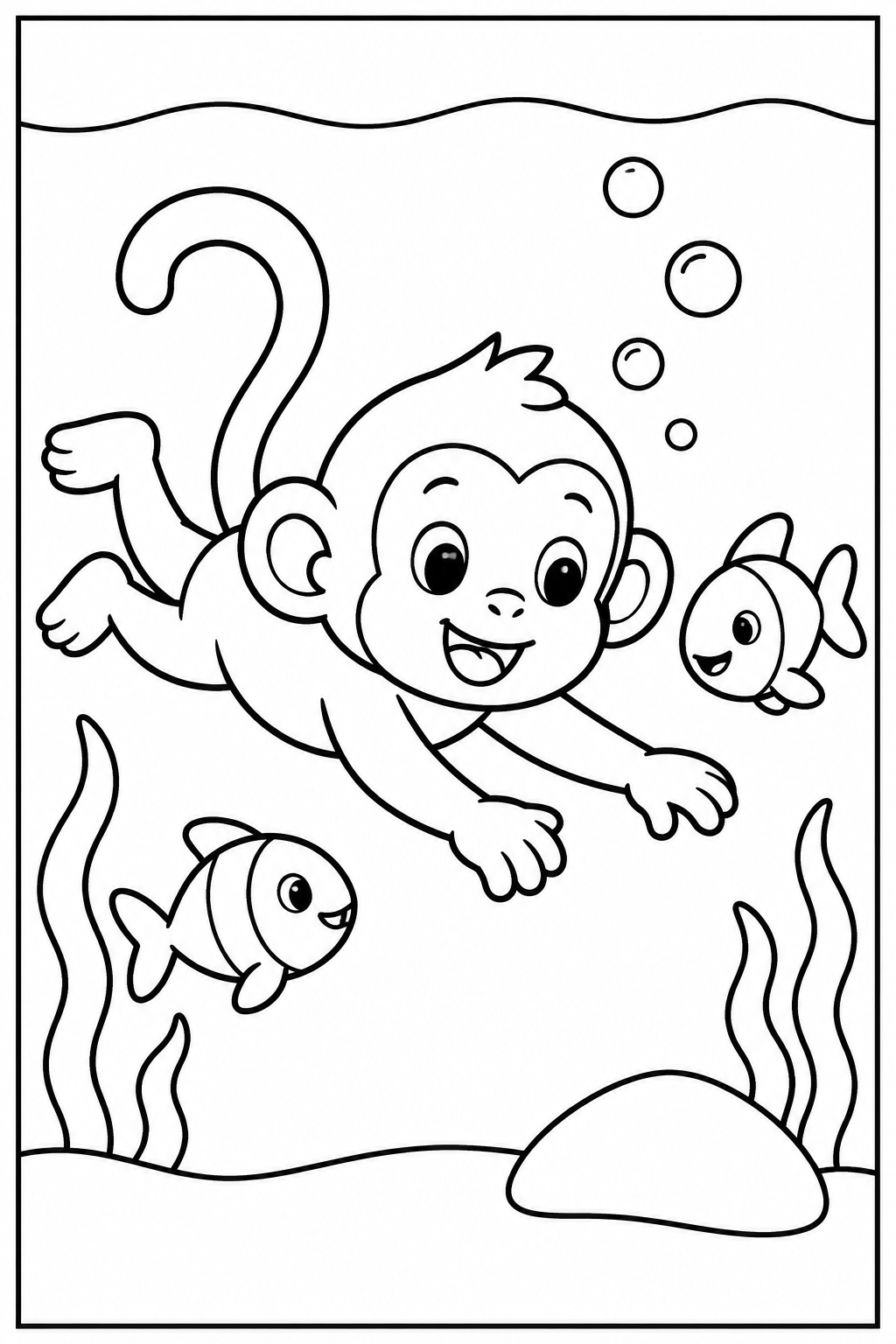 Monkey under the sea — Large shapes — printable coloring page