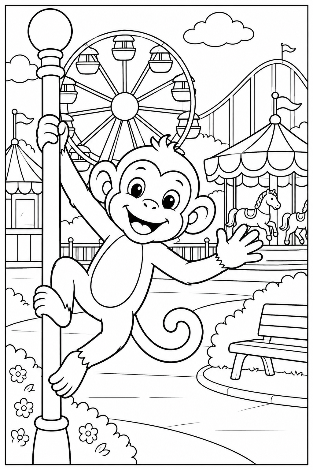 Monkey at the amusement park — More details — printable coloring page