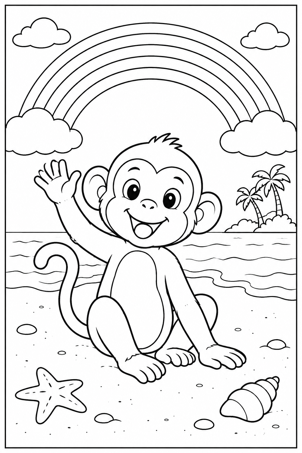 Monkey under a rainbow — More details — printable coloring page