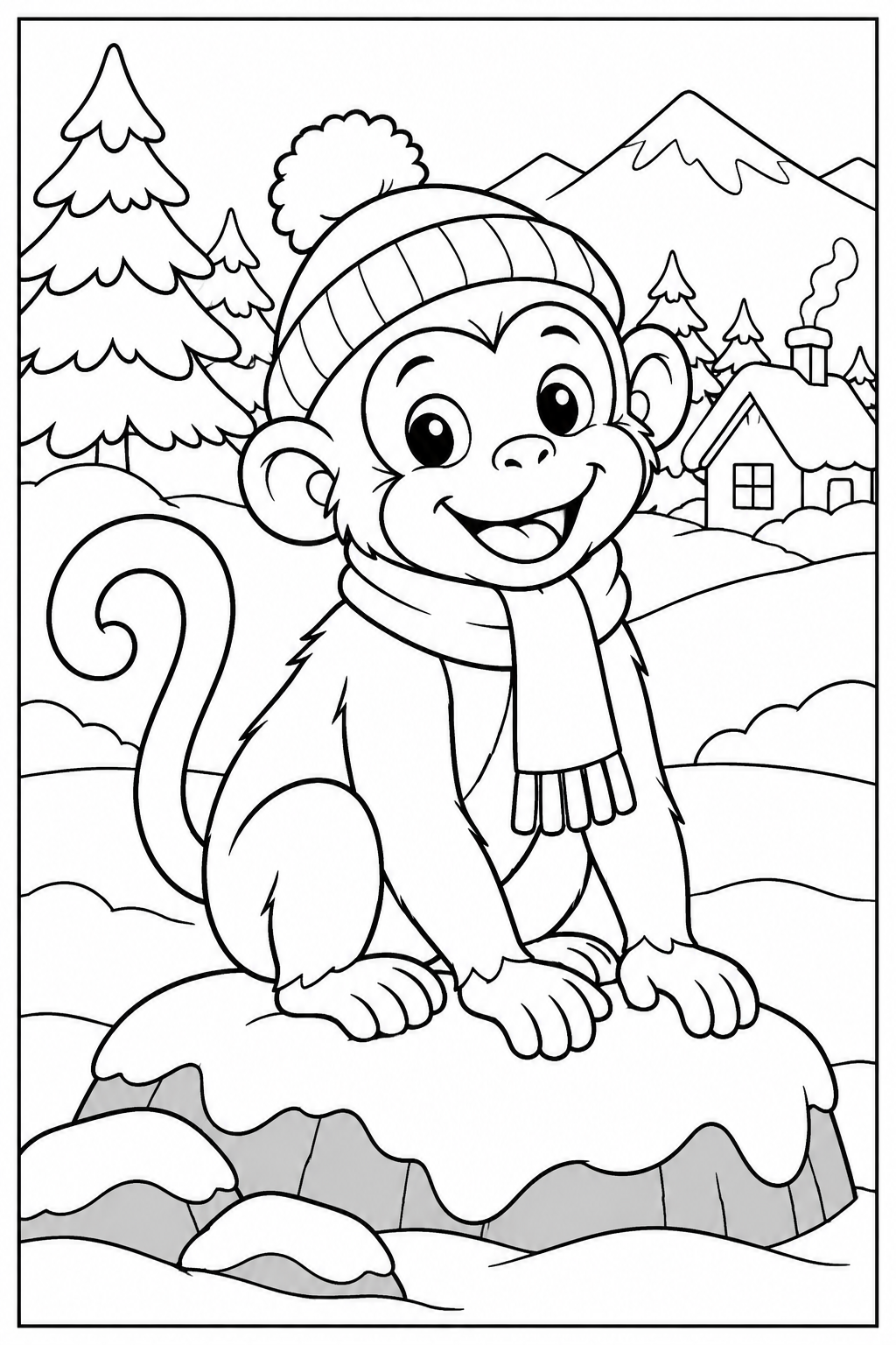 Monkey in the snow — More details — printable coloring page