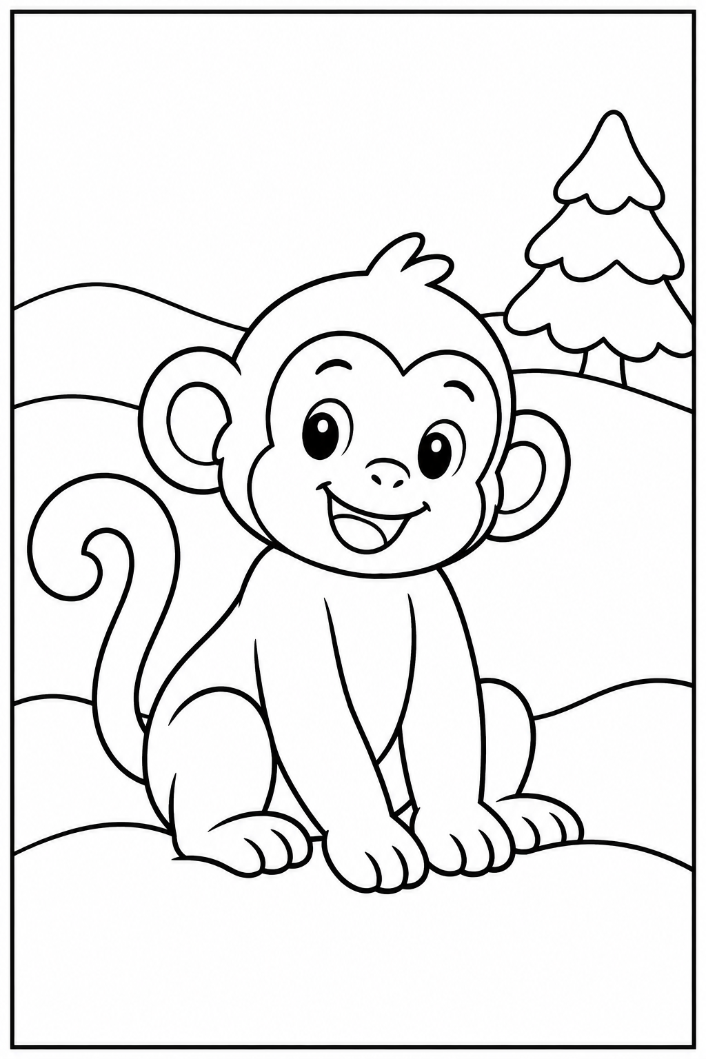 Monkey in the snow — Large shapes — printable coloring page