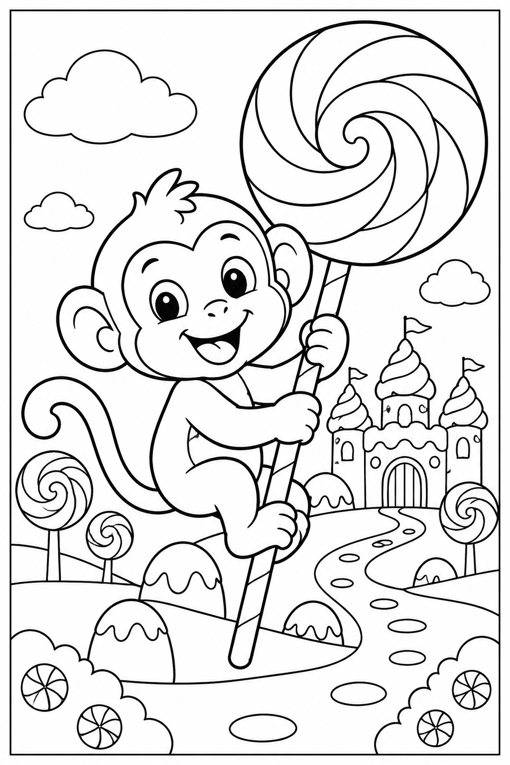 Monkey in candy land — More details — printable coloring page