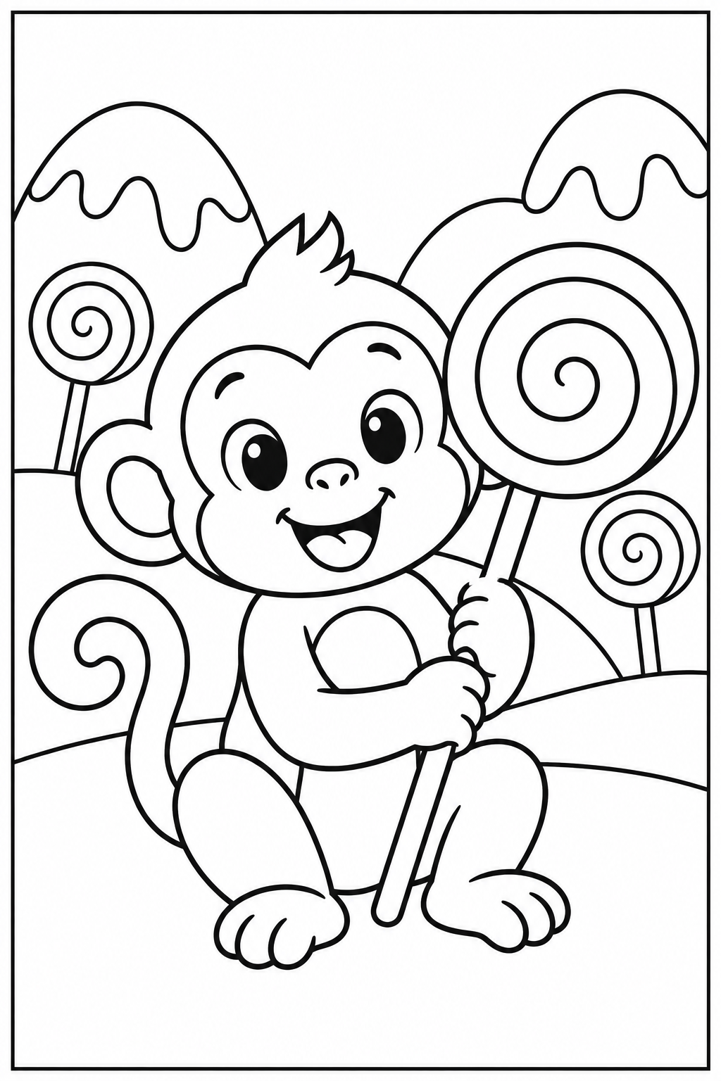 Monkey in candy land — Large shapes — printable coloring page