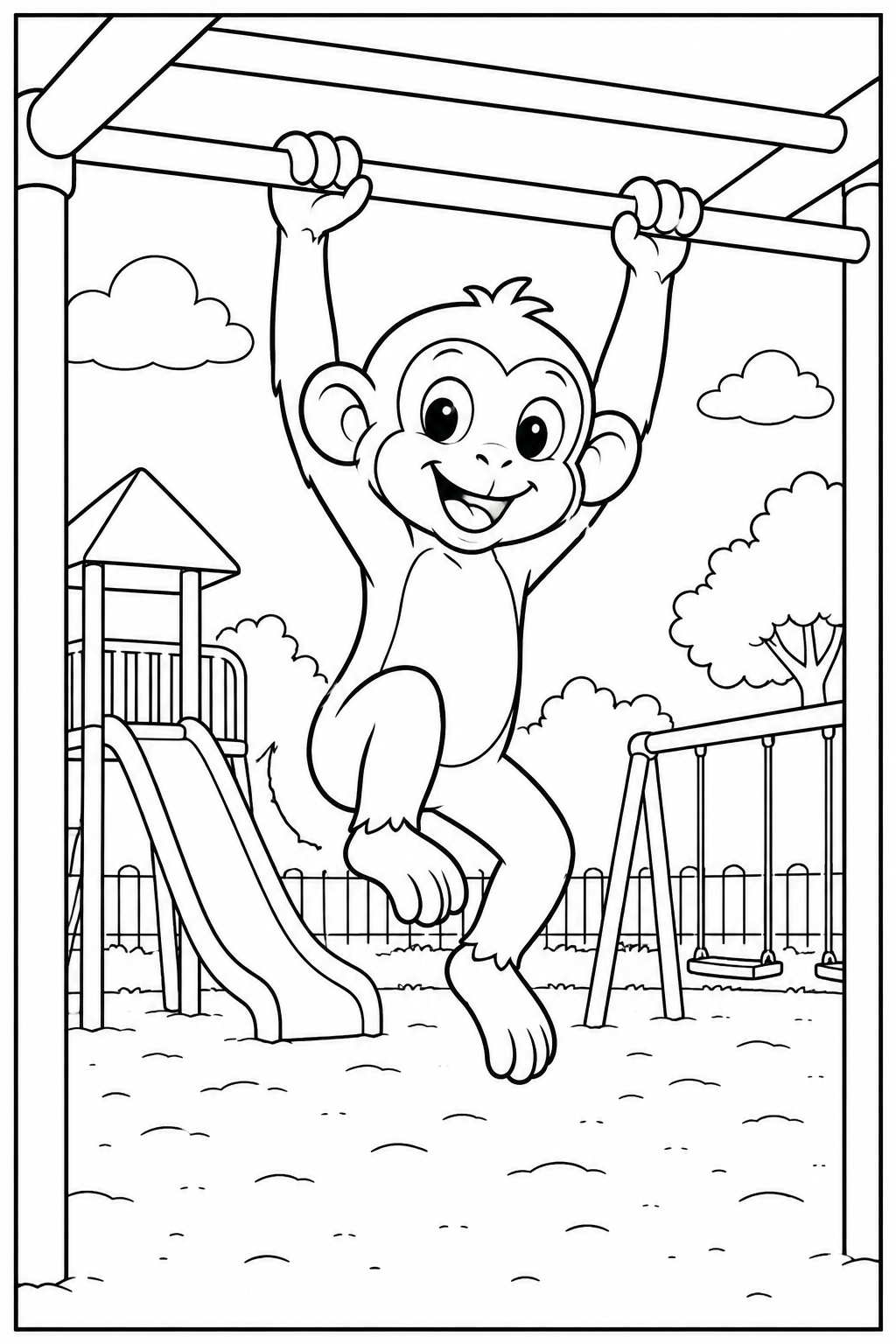 Monkey at the playground — More details — printable coloring page