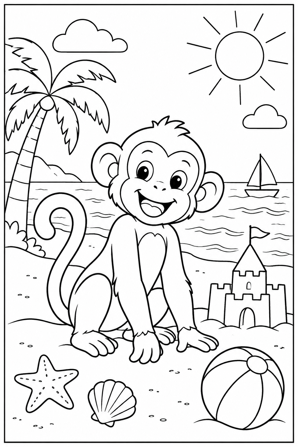 Monkey at the beach — More details — printable coloring page