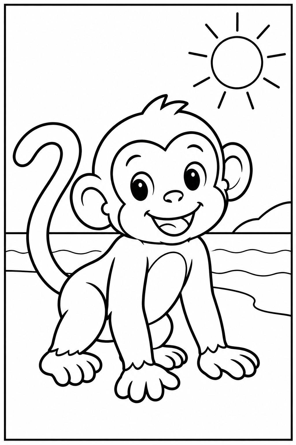 Monkey at the beach — Large shapes — printable coloring page