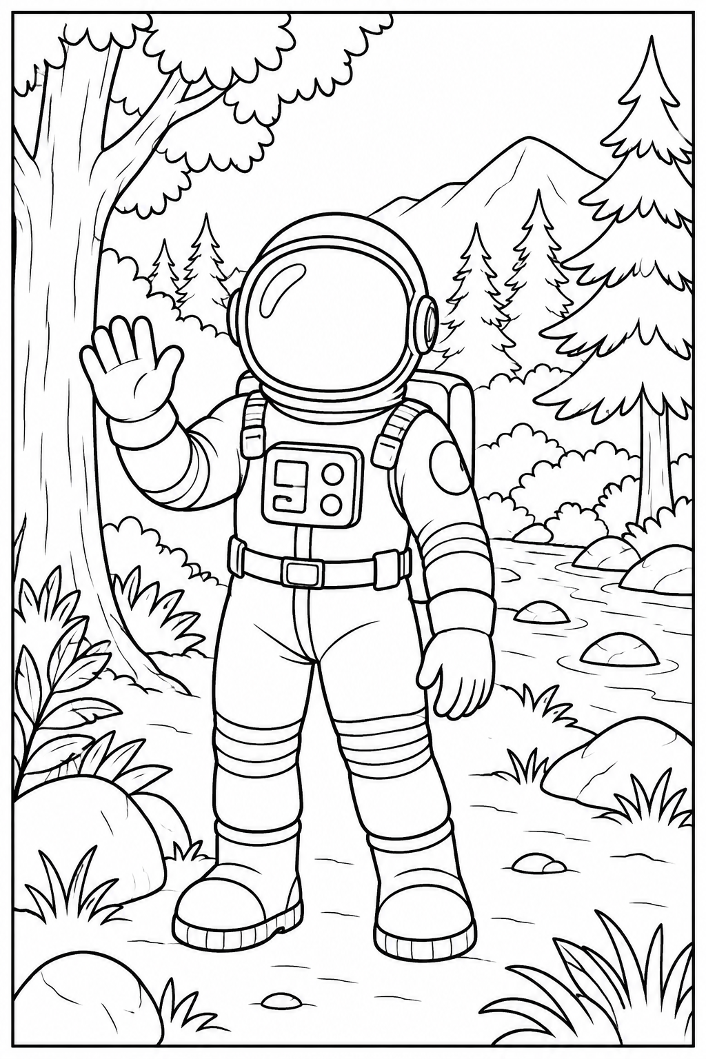 Astronaut in the forest — More details — printable coloring page