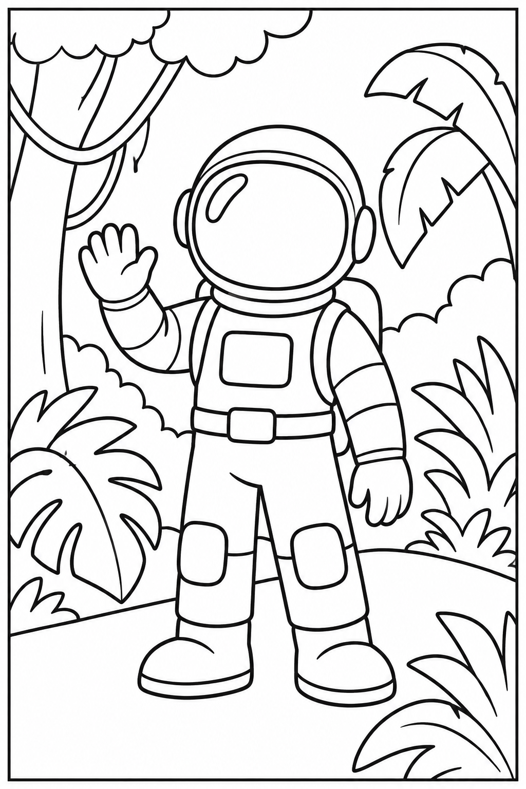 Astronaut in the jungle — More details — printable coloring page