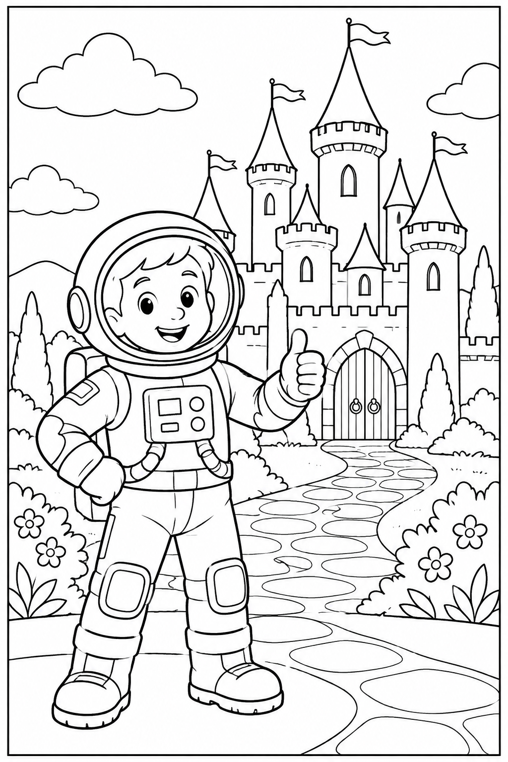 Astronaut by a castle — More details — printable coloring page