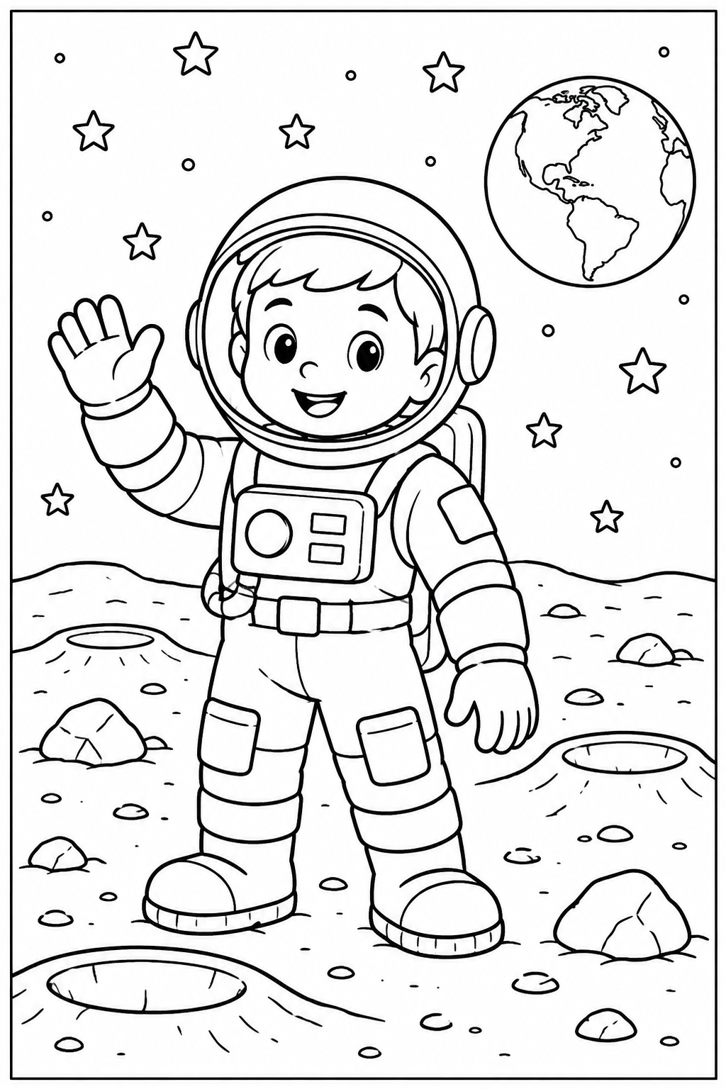 Astronaut on the moon — More details — printable coloring page