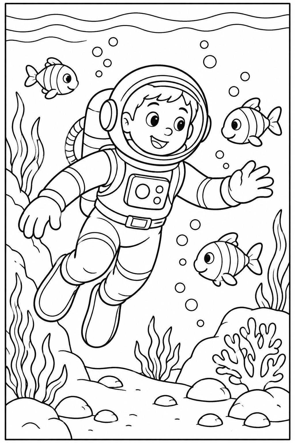 Astronaut under the sea — More details — printable coloring page