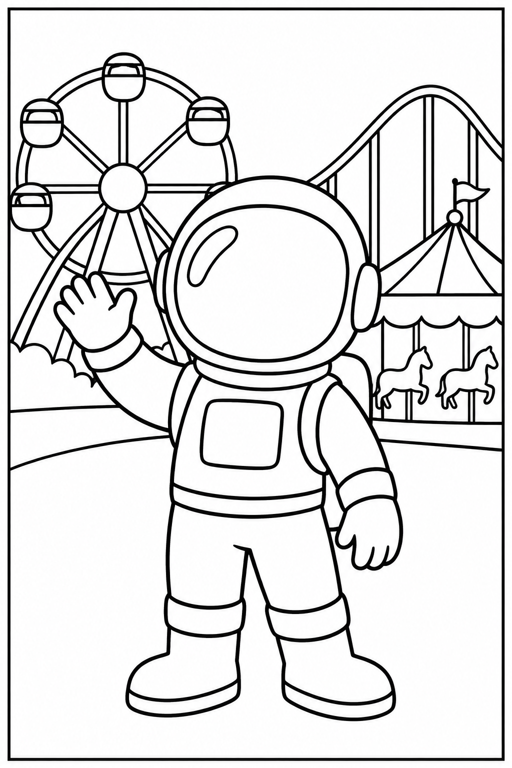 Astronaut at the amusement park — More details — printable coloring page