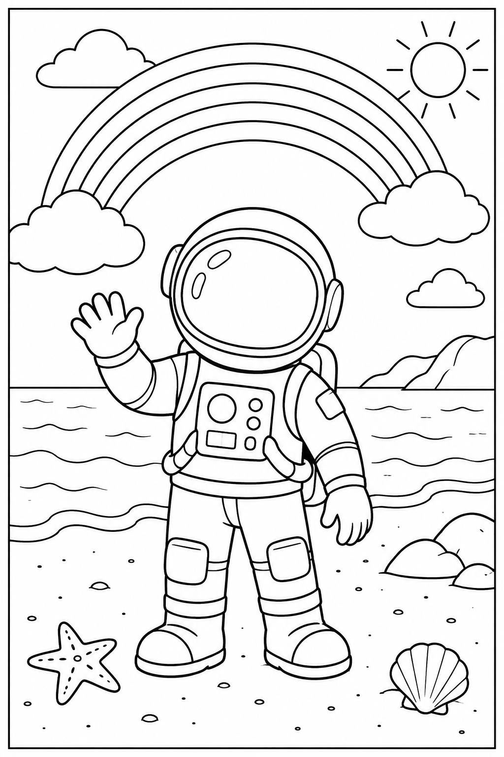Astronaut under a rainbow — More details — printable coloring page