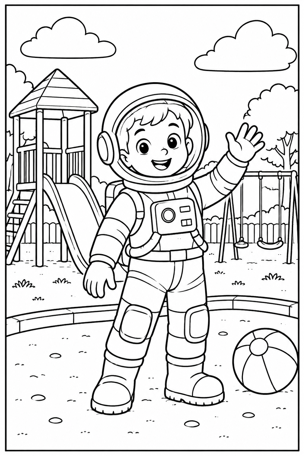 Astronaut at the playground — More details — printable coloring page