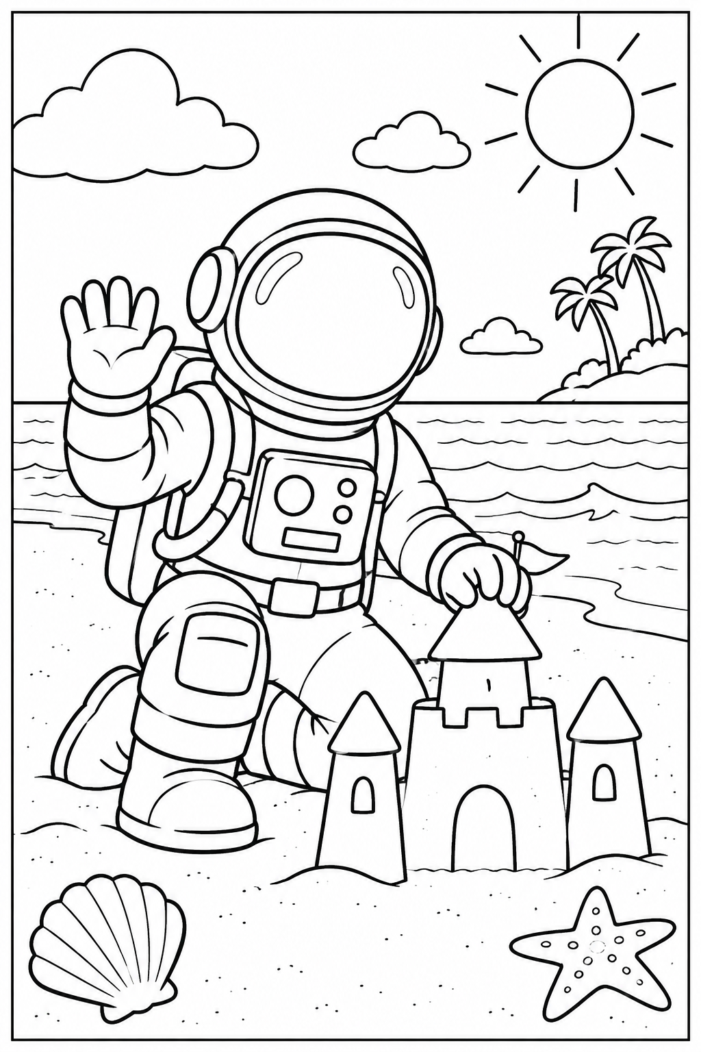 Astronaut at the beach — More details — printable coloring page