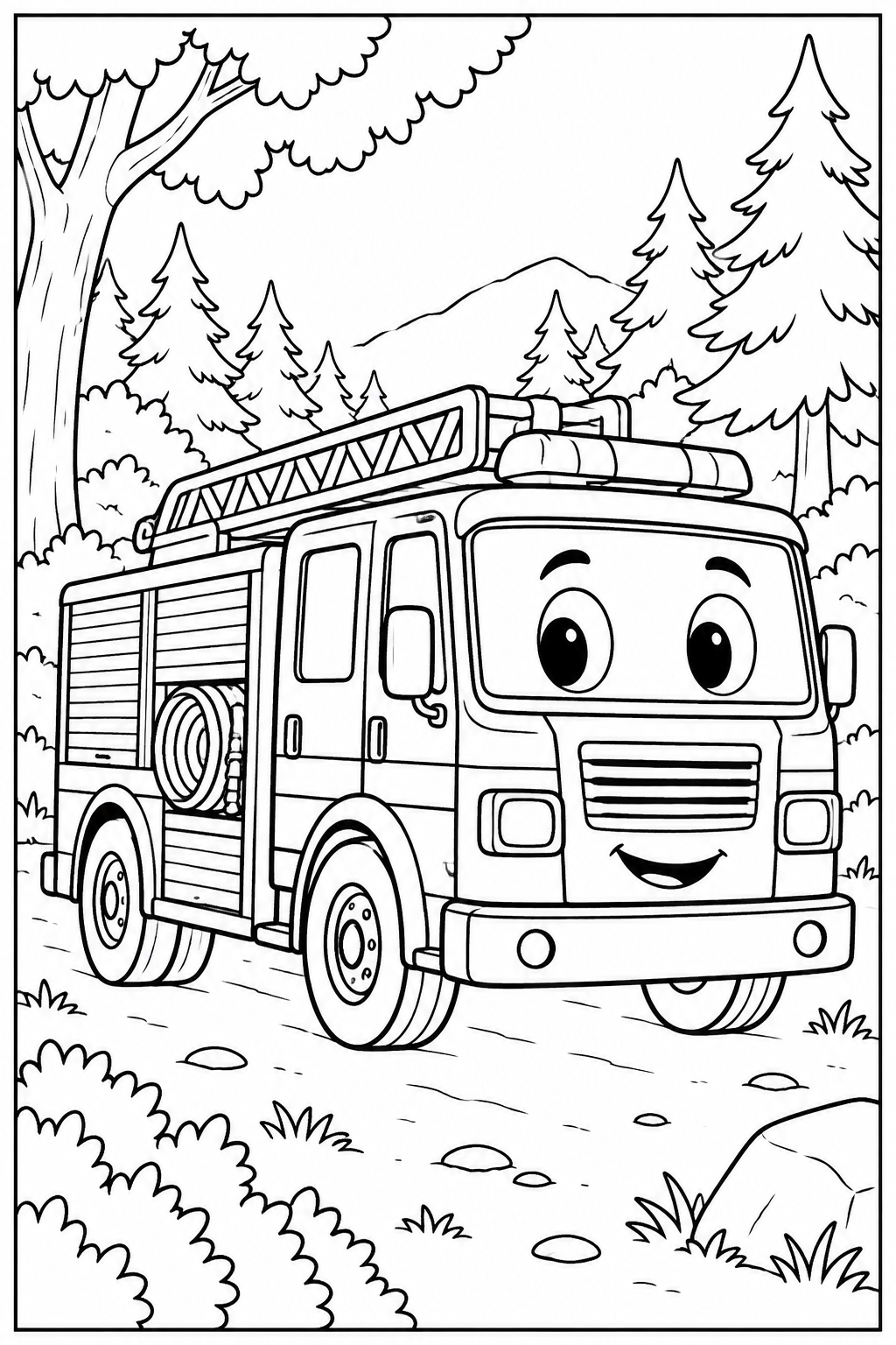 Fire engine in the forest — More details — printable coloring page
