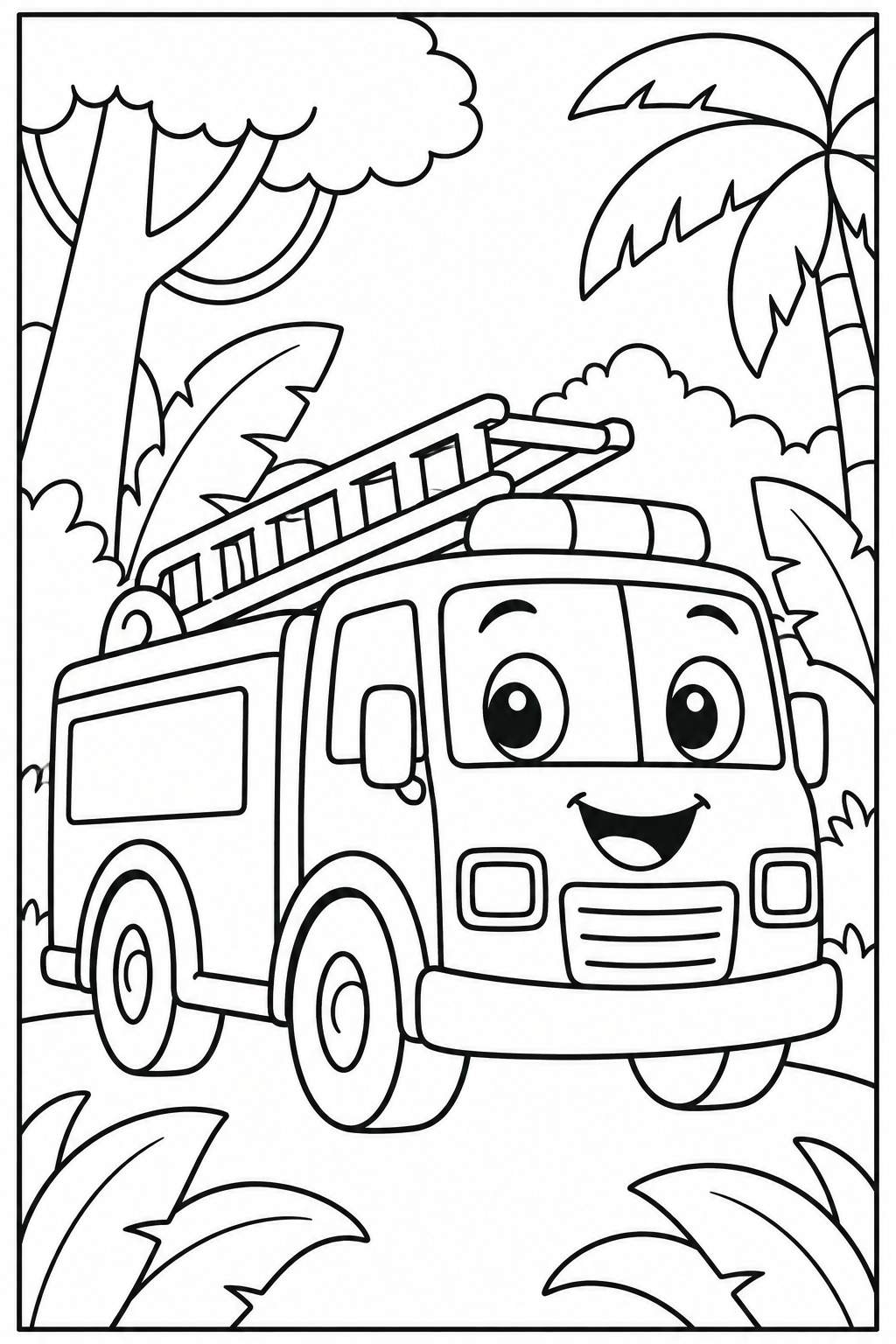 Fire engine in the jungle — More details — printable coloring page