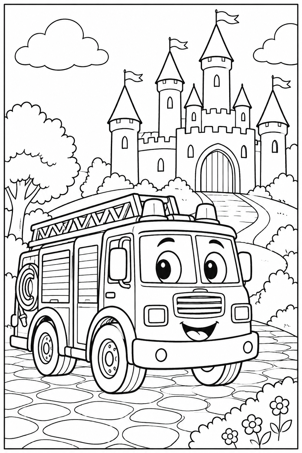 Fire engine by a castle — More details — printable coloring page
