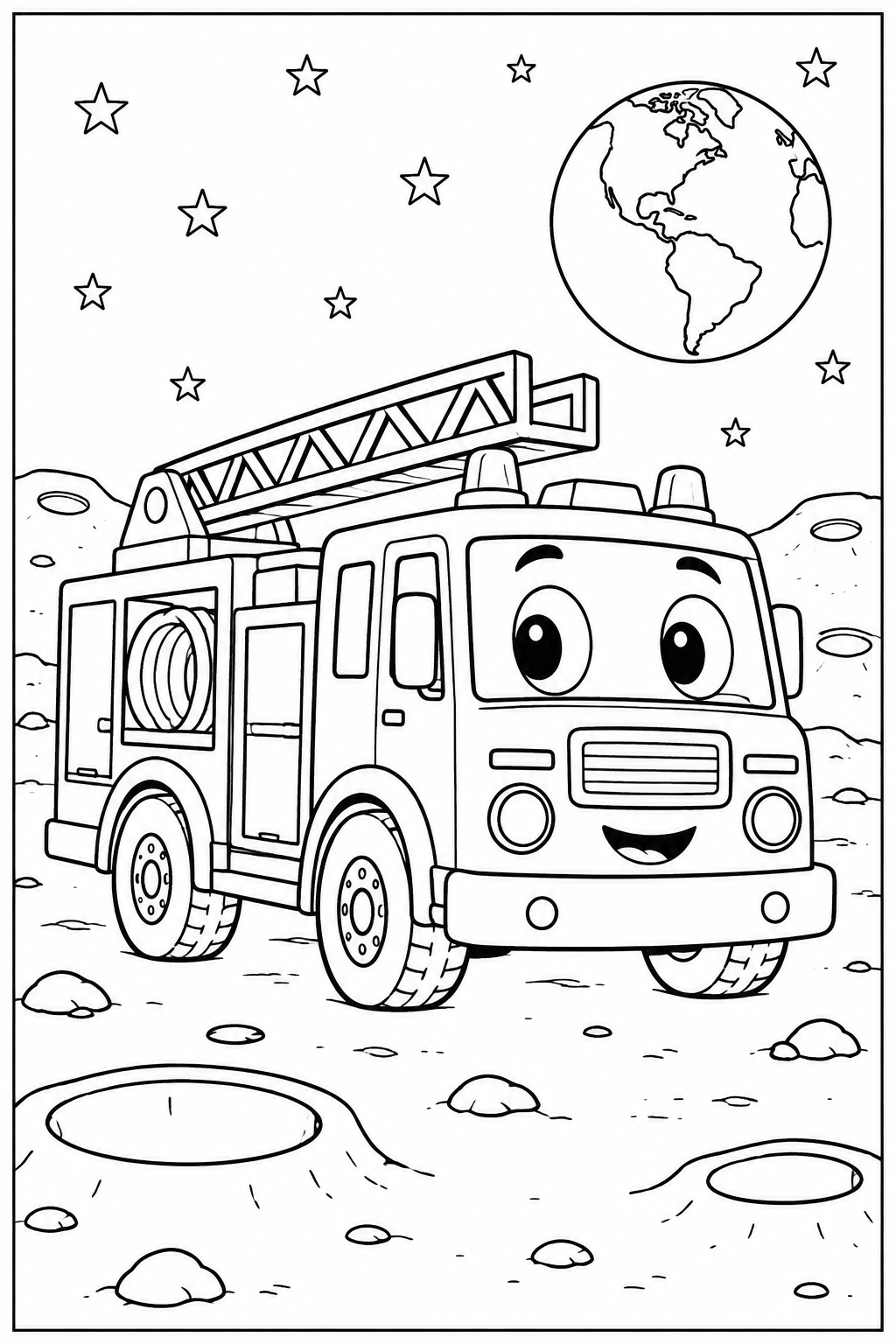 Fire engine on the moon — More details — printable coloring page