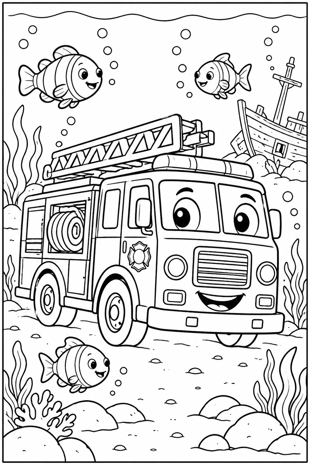 Fire engine under the sea — More details — printable coloring page