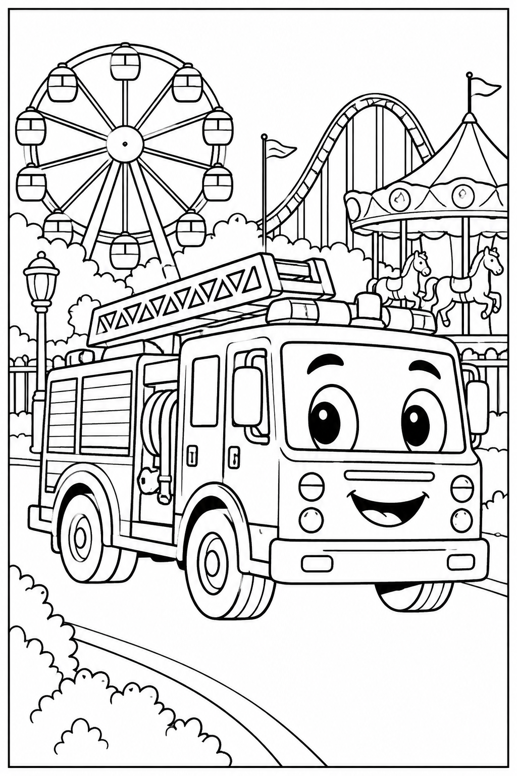 Fire engine at the amusement park — More details — printable coloring page