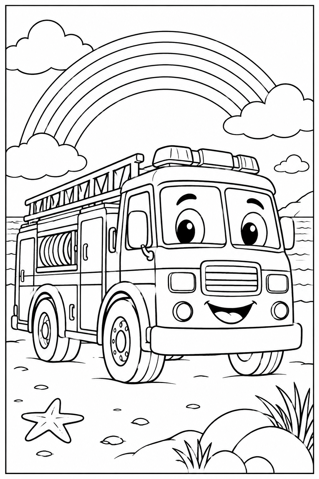 Fire engine under a rainbow — More details — printable coloring page