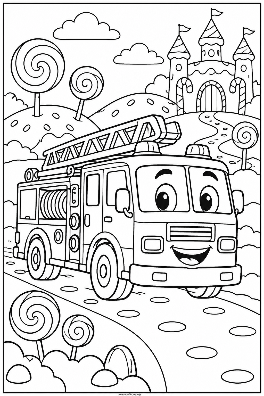 Fire engine in candy land — More details — printable coloring page