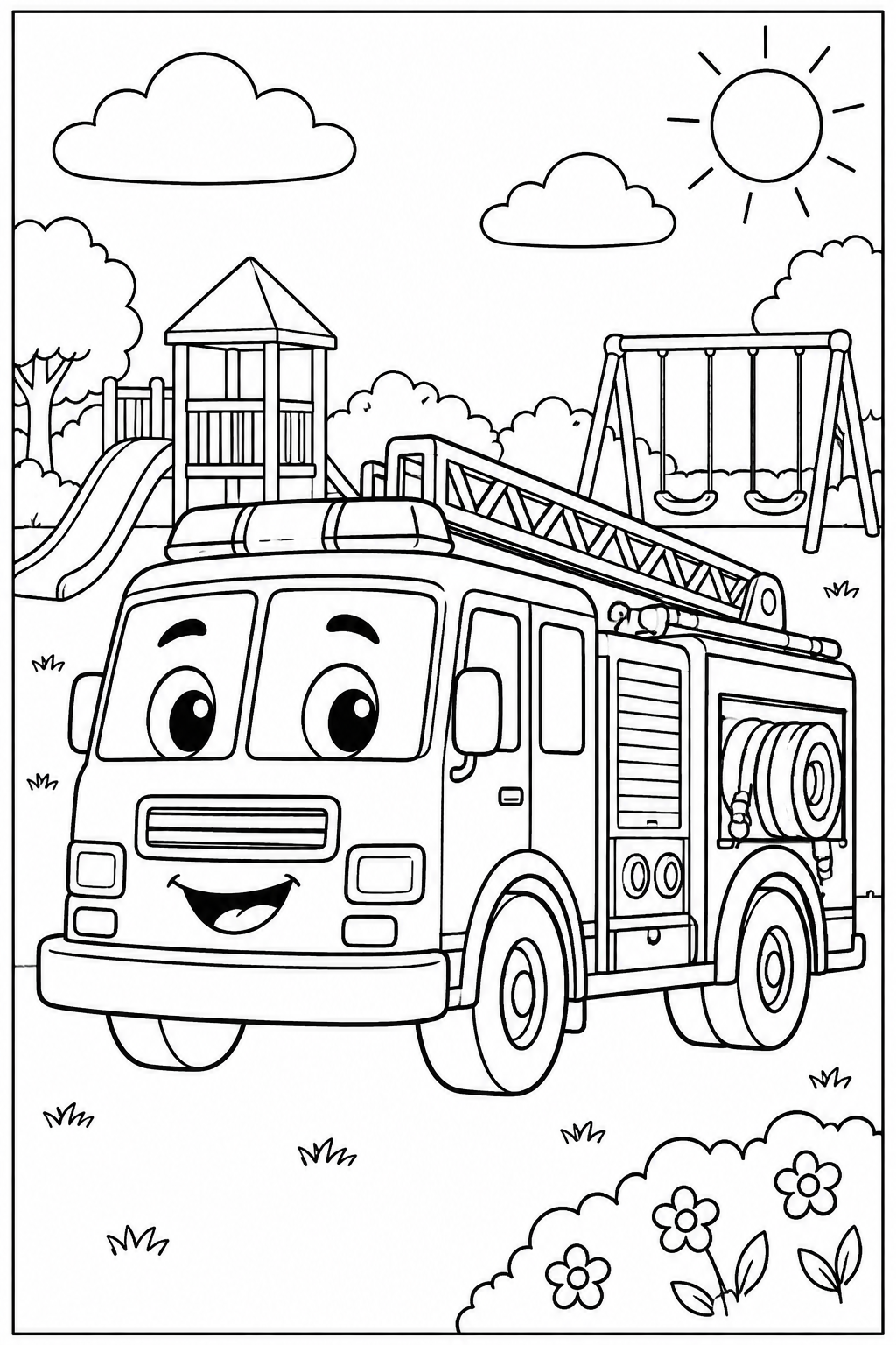 Fire engine at the playground — More details — printable coloring page