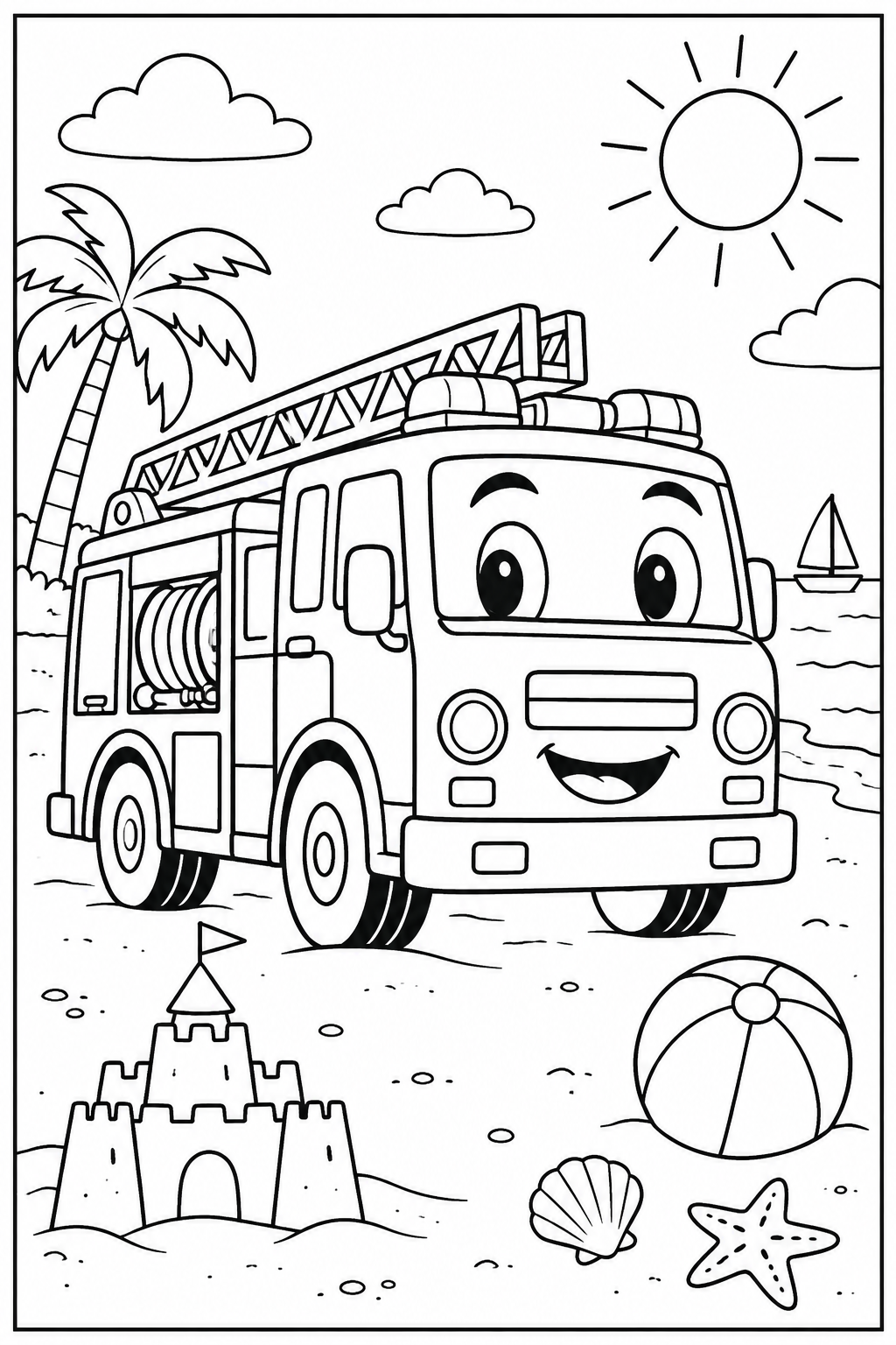 Fire engine at the beach — More details — printable coloring page