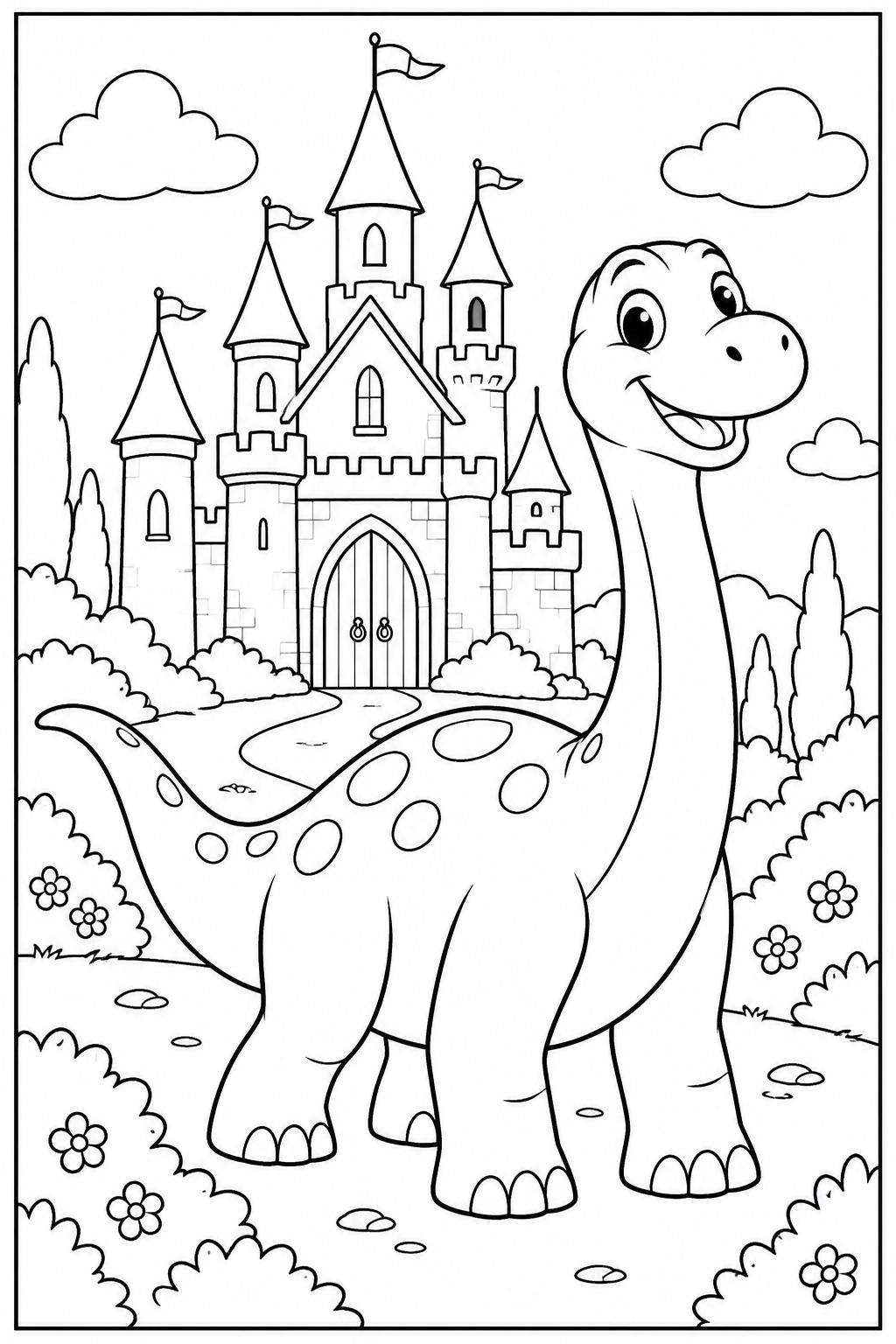 Dinosaur by a castle — More details — printable coloring page