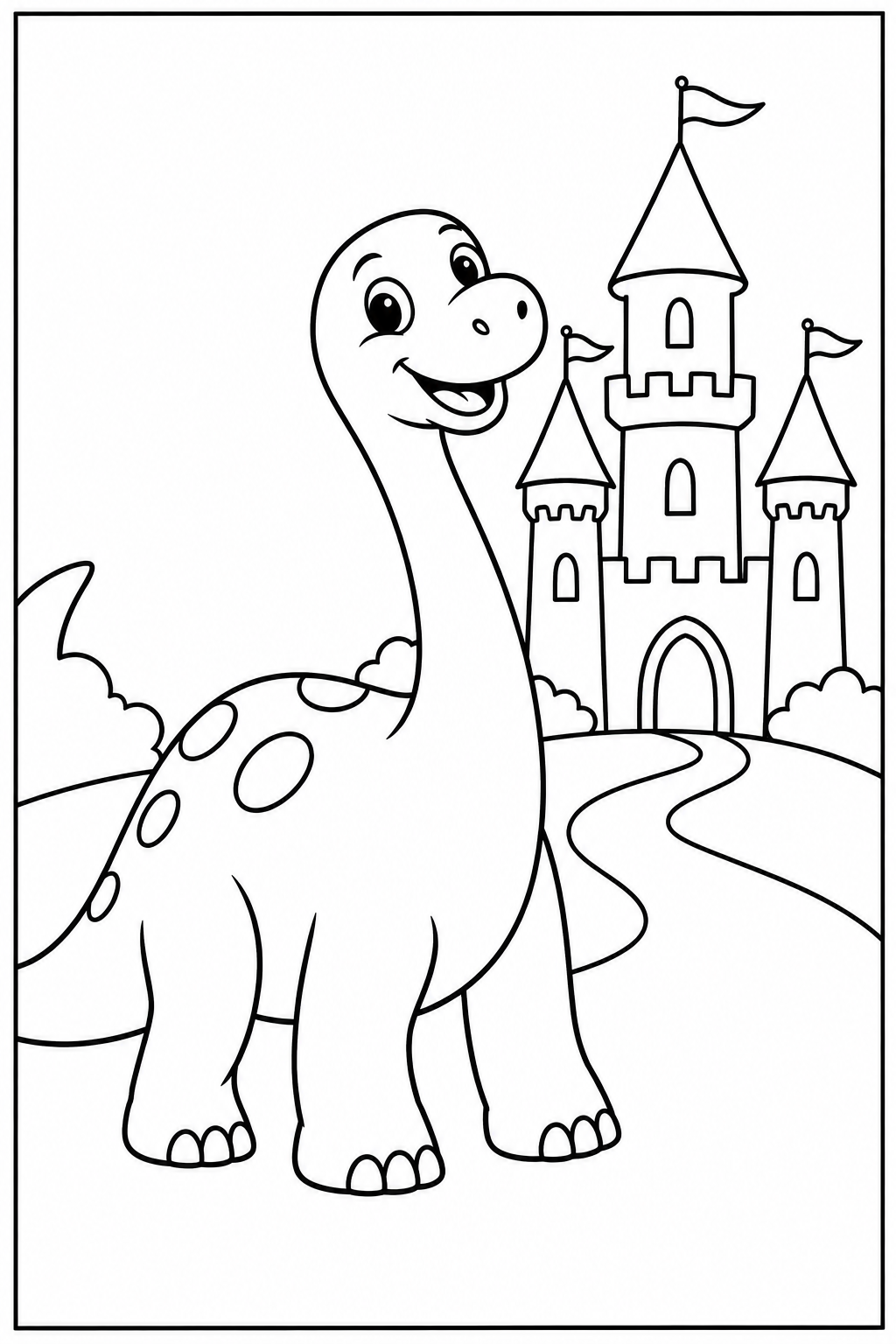 Dinosaur by a castle — Large shapes — printable coloring page