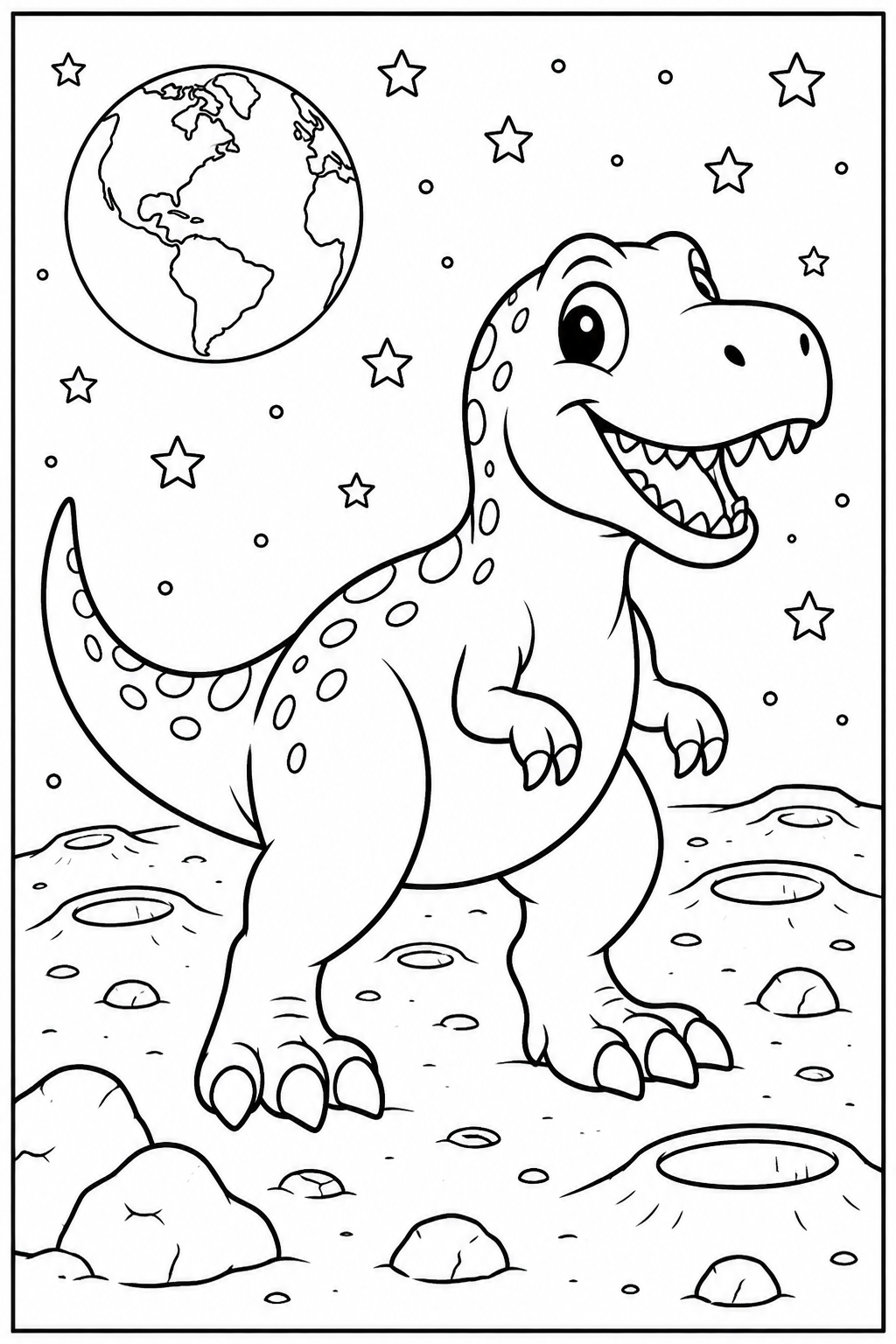 Dinosaur on the moon — More details — printable coloring page
