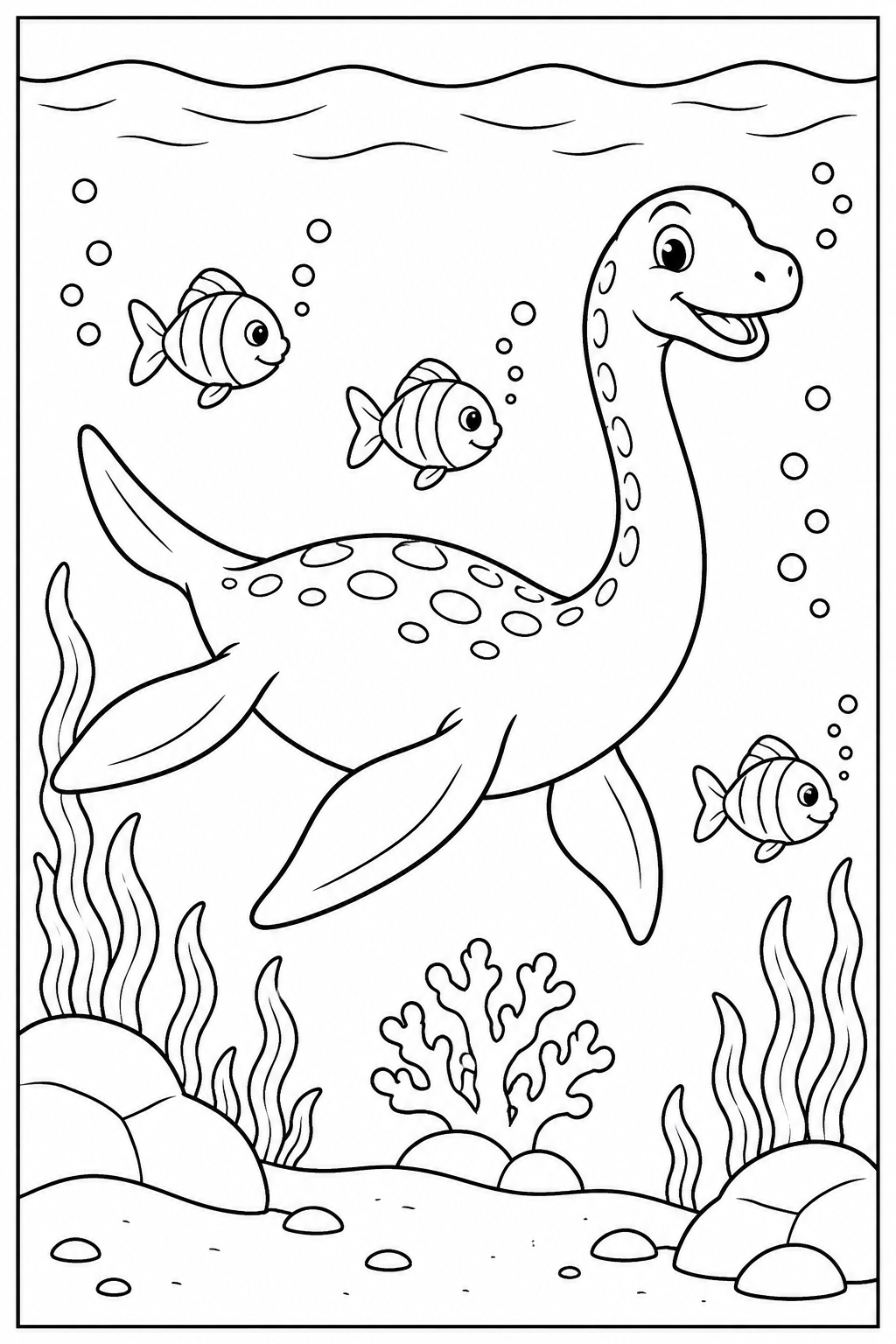 Dinosaur under the sea — More details — printable coloring page