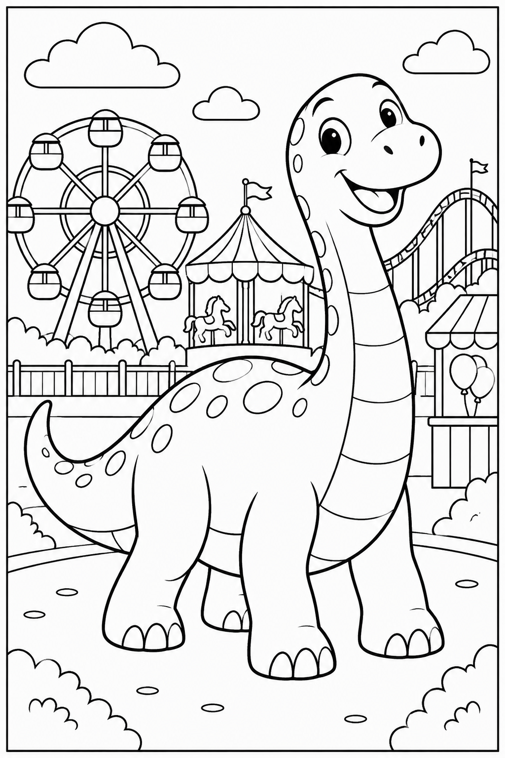 Dinosaur at the amusement park — More details — printable coloring page